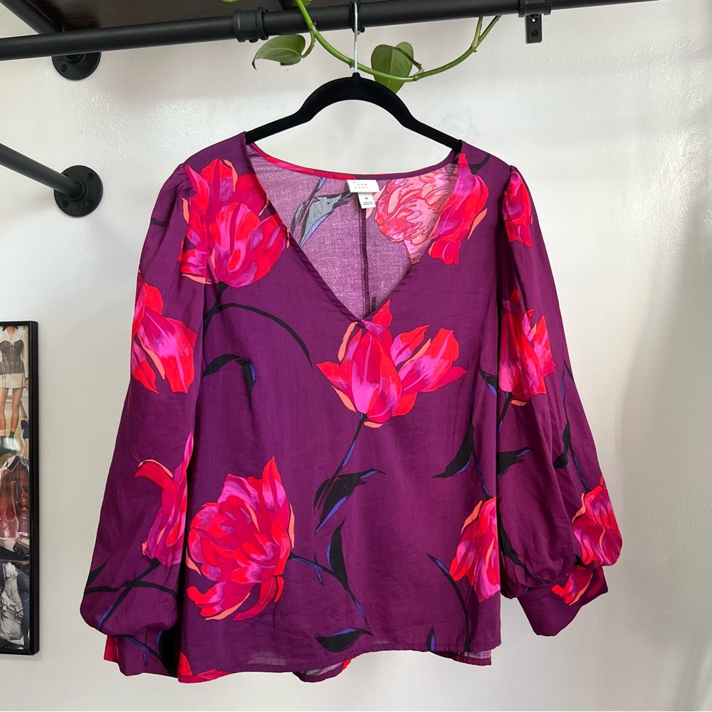 A New Day Purple and Red Floral Puff Sleeve Blouse Size Medium